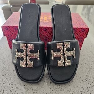 Tory Burch Double T Deco Sport Slide Goat Leather Navy